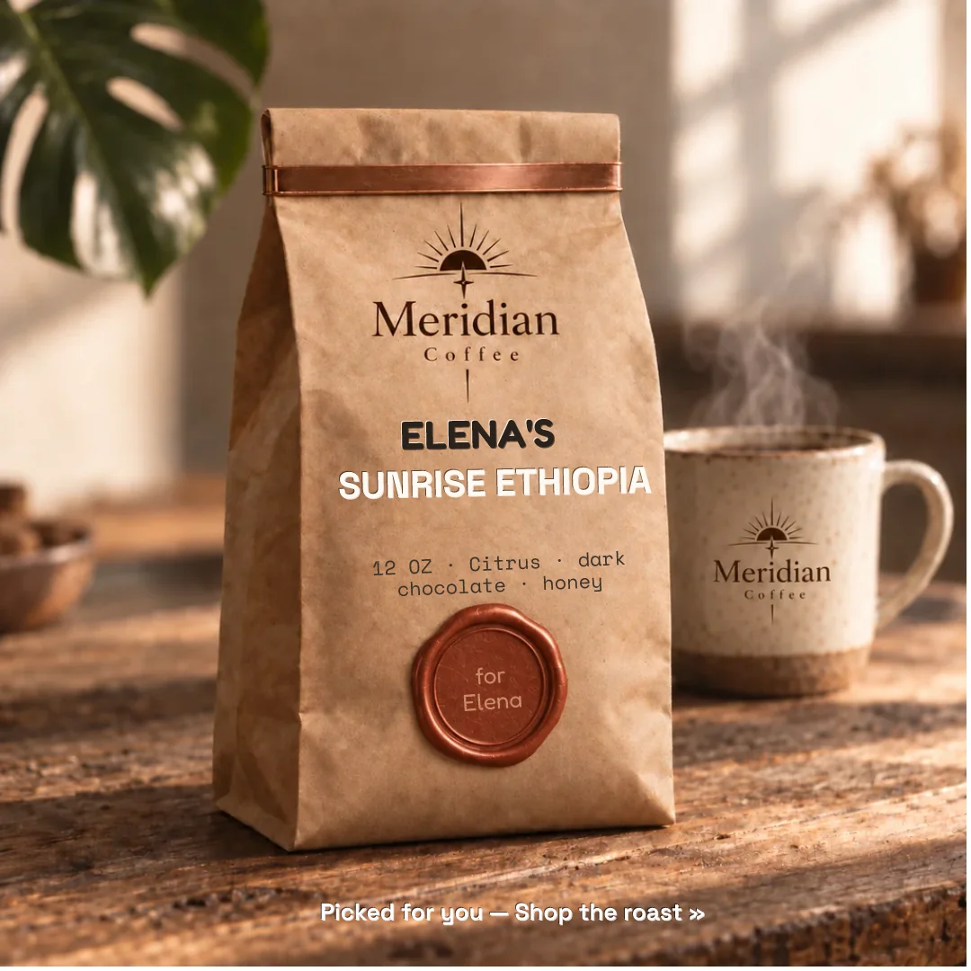 Meridian Coffee bag personalized for Elena — Sunrise Ethiopia roast